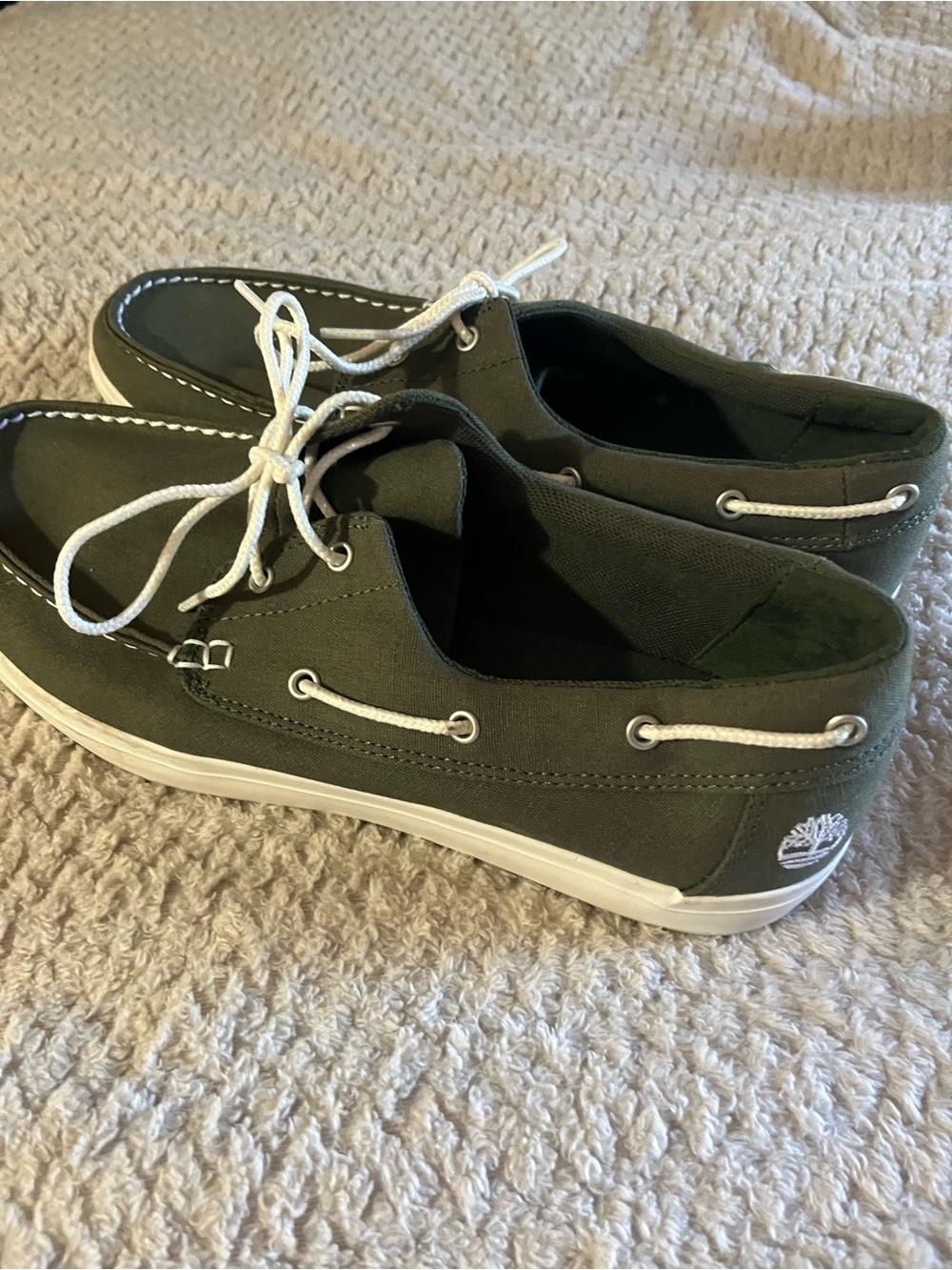 Timberland Men's Olive Green Canvas Boat Shoes with White Laces